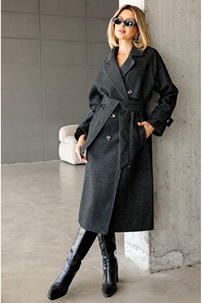 EsSo butik Women's Double-Breasted Collar Belted Diagonal Cashmere Coat
