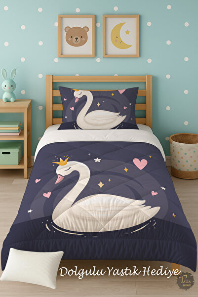 Talia Home Swan Patterned Single Children's Quilt Sleeping Set Tlag-222