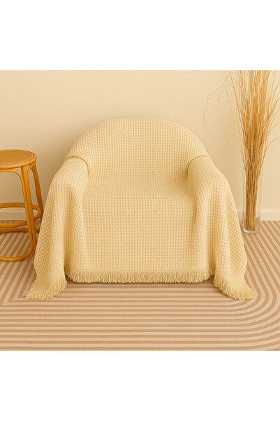 Rell Home Cotton Ecru Sofa Throw 170X170 cm – Fringed Tv Blanket & Single Sofa Cover