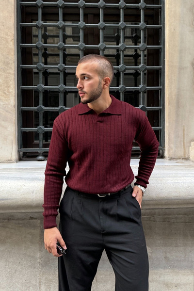 Livio Ferri Kimi Ribbed Men's Knitwear Polo Neck Regular Fit Long Sleeve T-Shirt