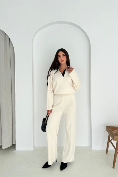 Noi Belis Basic Polo Neck Half Placket Buttoned Knitwear Bottom-Top Set Aw25Au0013