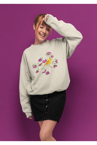 ArtYus Flower Bird Colorful Printed Crew Neck Sweatshirt