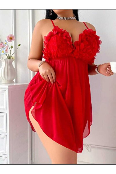 ANWELLA Cămașă de noapte cu detalii florale roșii de mărime mare + tanga cu cadou