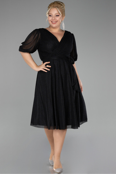 Abiyefon Siyah Kısa Kol Simli Midi Büyük Beden Davet Elbisesi ABK2135