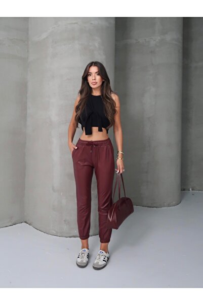 AÈC PRIVÈ Women's Ribbed Elastic Burgundy Leather Pants 7777