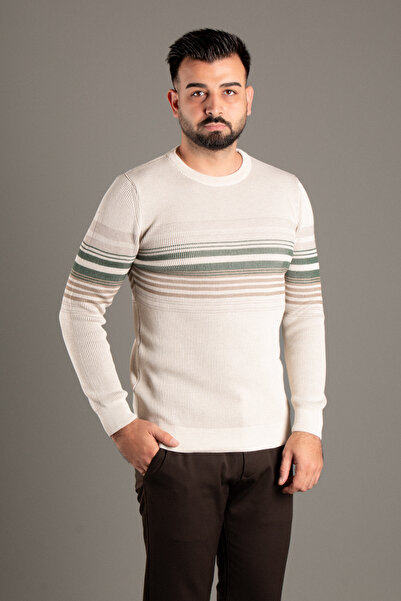 ZEKİ ÖZER Men's Cream Striped Ribbed O-Neck Knitwear