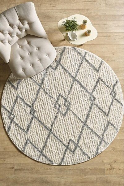 Adalizza Yuvarlak Halı Yumuşak Bukle Tabanlı Modern Kabartmalı Izgara Desenli Krem Gri Renkli Halı