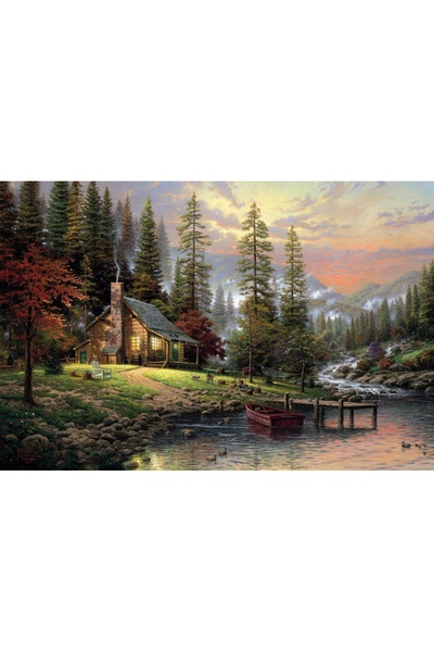 ve Canvas Painting, Ideal Cabin, Forest, Lake, Mountain, Landscape, 150 x 90 cm, Wooden Frame, Multicolor