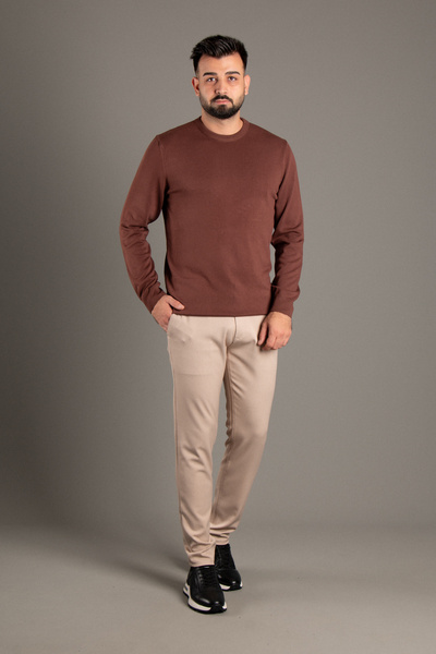 ZEKİ ÖZER Men's Brown Basi̇c O-Neck Knitwear