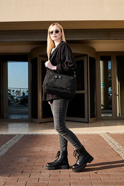 H&D COLLECTİON Women's Medium Size 7 Compartments Water Resistant Crinkle Fabric Black Crossbody Shoulder Bag