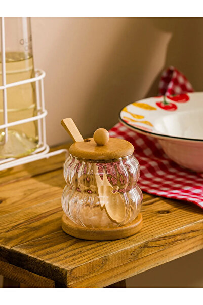 LC Waikiki Lcw Home Colorless Glass Storage Container with Wooden Lid 300 ml