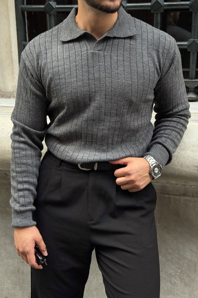 Livio Ferri Kimi Ribbed Men's Knitwear Polo Neck Regular Fit Long Sleeve T-Shirt