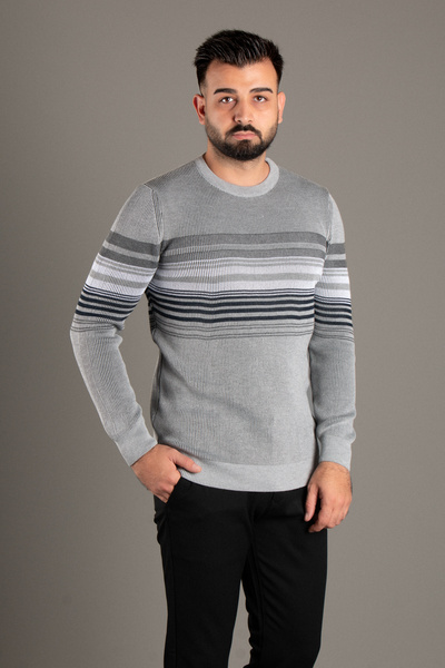 ZEKİ ÖZER Men's Gray Striped Ribbed O-Neck Knitwear