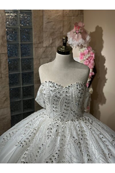 MODA Gümüş Dantelli-Özel Tasrım Dantelli-Kabarık Model Gelinlik