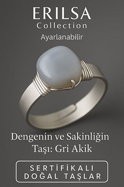 Erilsa خاتم من حجر العقيق الرمادي الطبيعي المعتمد - علبة سميكة قابلة للتعديل بلون فضي