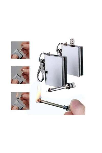 Evvano Benzinli Kibrit Çakmak Magnezyum Çubuklu Anahtarlıklı Benzinli Metal Kibrit Gümüş