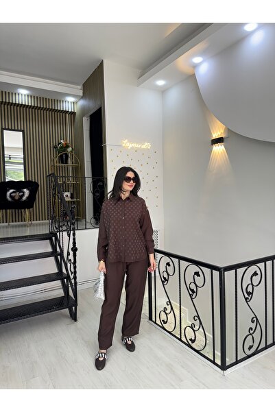 Butik Kahverengi taşlı gömlek beli lastikli cepli pantolon ikili takım