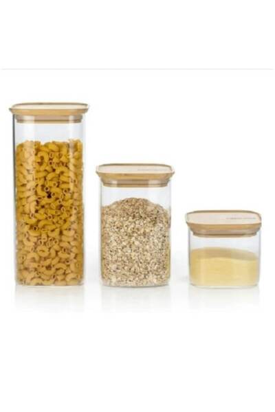 oemco Set 3 borcane, RiccAde, din sticla+capace bambus pentru depozitare