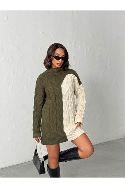 Nosia Women's Hair Braided High Neck Two-Tone Knitted Tunic