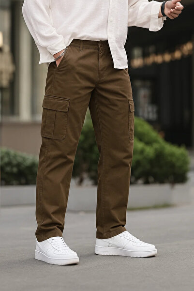 DAMGA JEANS Men's Wide Leg Cargo Pocket Brown Baggy Trousers