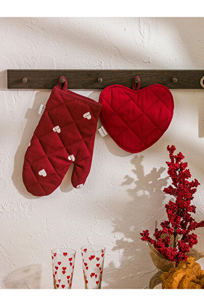 LC Waikiki Lcw Home Red Heart Printed Oven Mitts and Potholder