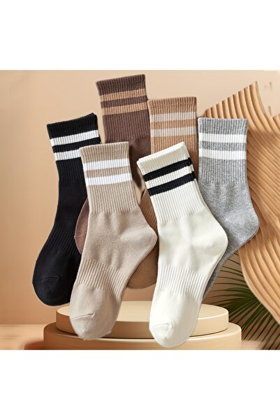 çorapmanya 6 Çift Unisex Çok Renkli Çizgili Kolej - Tenis Çorap