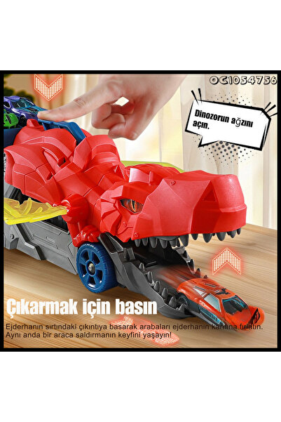 welcomein 6 Tekerlekli Kanatlı Dinozor Araba Fırlatıcı + 2 Arabalı Çocuk Oyuncak Aksiyon Macera Seti