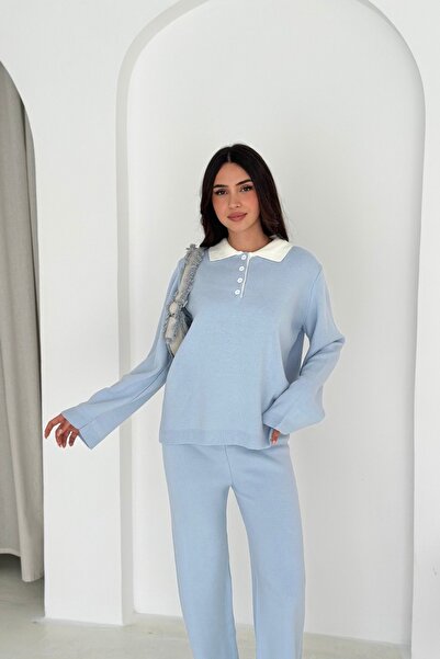 Noi Belis Basic Polo Neck Half Placket Buttoned Knitwear Bottom-Top Set Aw25Au0013