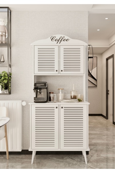 enwood Avior kahve köşesi beyaz MDF kapaklı raflı 90 cm