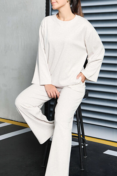 Butik Σετ αθλητικής φόρμας με φαρδιά πόδια με δύο κλωστές μπεζ - 27717-BEJ