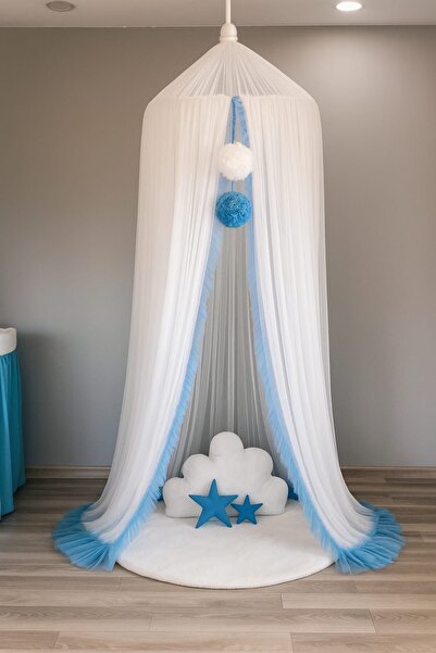 Bila Baby STQUEEN TÜL BEYAZ MAVİ FIRFIRLI CİBİNLİK 2'Lİ BÜYÜK BOY PONPONLU