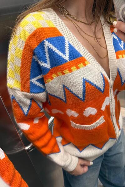 Noi Belis Oversize Patterned V-Neck Knitwear Cardigan Aw25Hi0033