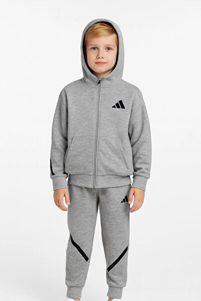 Kidmark Çocuk Modası Boy's Hooded Gray 100% Cotton Top and Bottom Set