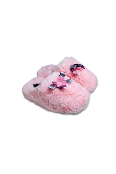 Belsta Papuci de casă din blană ecologică roz, cu vârf închis și fundițe din ...