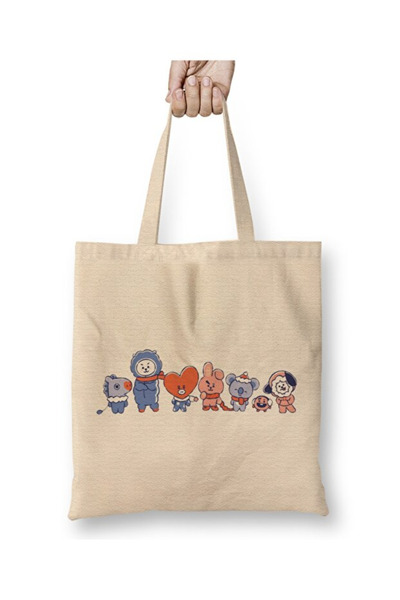 Toyaso Bts Bt21 Christmas Time New Year White Cloth Bag Long Handle Shopping Bag Beach Bag