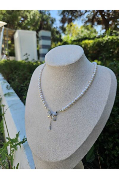 İNCİORA JEWELRY Gerçek Doğal İnci 925 Ayar Gümüş Fiyonk Kolye