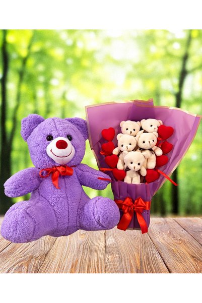 Linalux Gifts Gift for a Girlfriend 35cm Purple Teddy Bear and Bouquet of Teddy Bears with Lots of Hearts Romantic Gift Special for Your Loved One