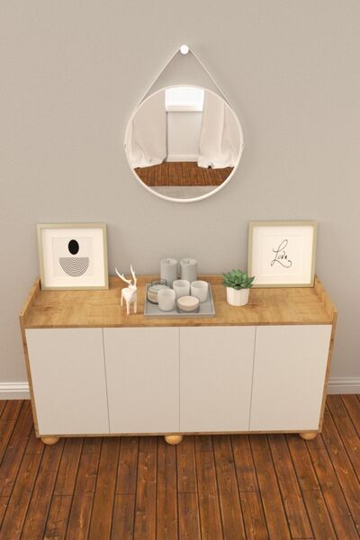 B3 Concept Nort Serisi Özel Tasarım 4 Kapaklı Konsol Çok Amaçlı 1. Kalite Konsol Dolap Safir Meşe Beyaz