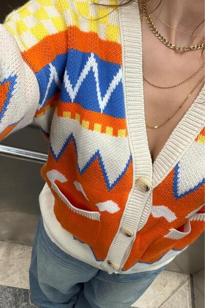 Noi Belis Oversize Patterned V-Neck Knitwear Cardigan Aw25Hi0033