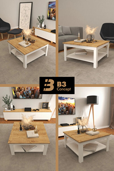 B3 Concept Nort Serisi Modern Dekoratif 1. Kalite Raflı Kare Salon Orta Sehpa Safir Meşe Beyaz