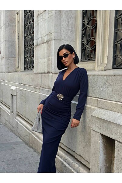 Miss Beyoğlu Γυναικείο μακρύ φόρεμα με λαιμόκοψη V από ύφασμα Lycra και λεπτο...