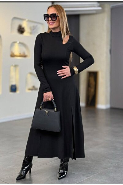 EyesOf Women's Turtleneck Drop Detail Slit Long Viscose Two Thread Maxi Dress