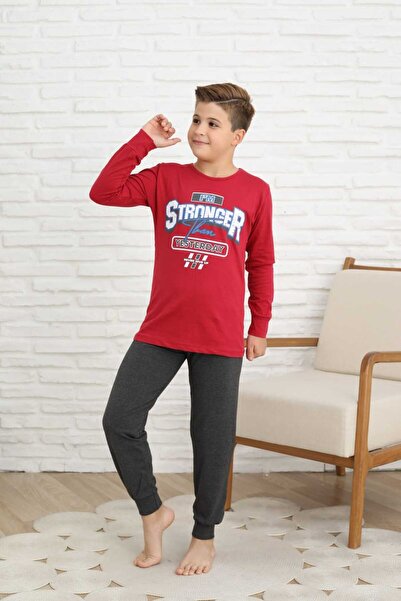 Şekerkids Boy's Cotton Combed Fabric Pajama Set with Red-Smoke Color Text Detail