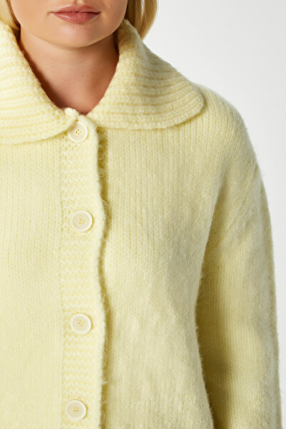 Ritnice Women's Lean Soft Texture Polo Neck Yellow Basic Knitwear Cardigan Hi00179