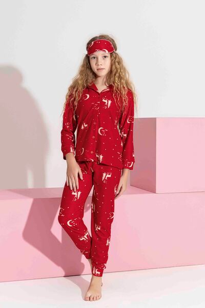 Tarık ANNE-KIZ KOMBİN YAPILABİLİR DÜĞMELİ SÜET UZUN KOLLU UYKU BANTLI AİLE BAĞI YILBAŞI PİJAMA TAKIMI-3178