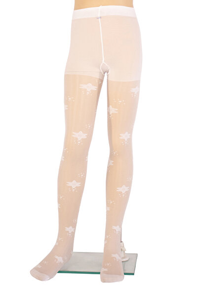 PETRA-ELISA Children's Lycra 20 Den Tights with Dalia pattern, White, 3-6 years