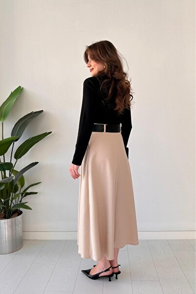 MaziButik Belted Contrast Dress Black