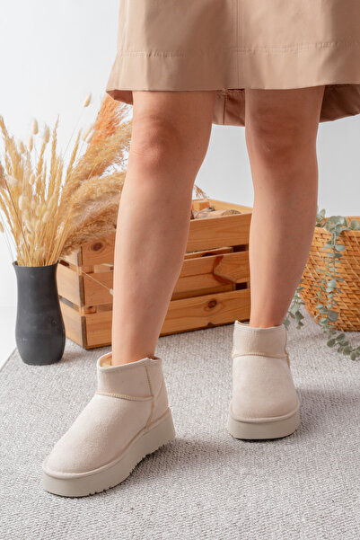 SİLİYA Mini Dark Suede Fur Lined Thick Sole Women's Boots
