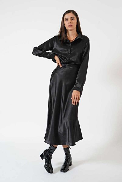 Pafi Moda Fustă de satin pentru femei de înaltă calitate, neagră