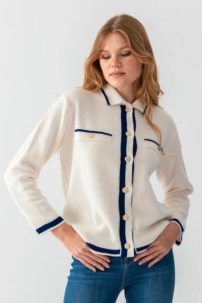 Noi Belis Color Block Polo Neck Pocket Detail Knitwear Cardigan Aw25Hi0035